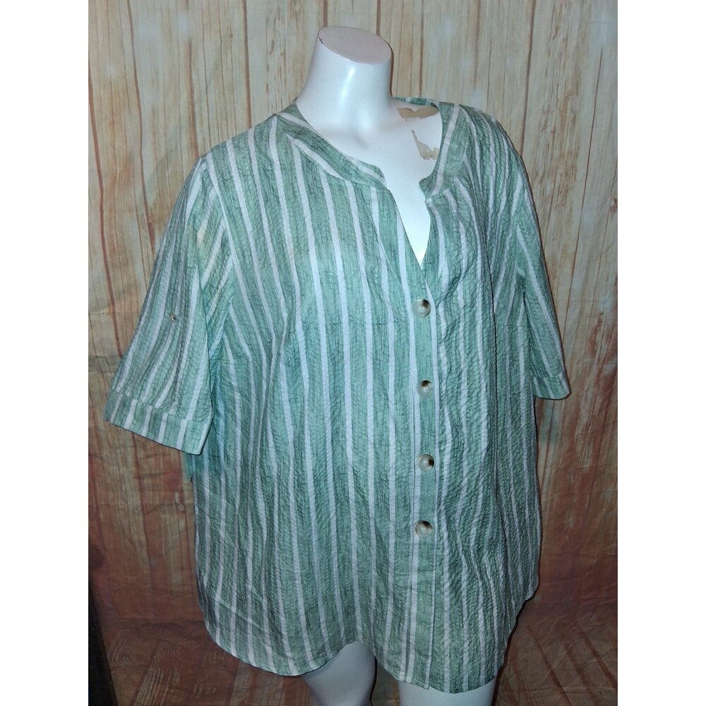 Unbranded Green Stripe Short Sleeve Button Up V-neck Blouse Sz 1X